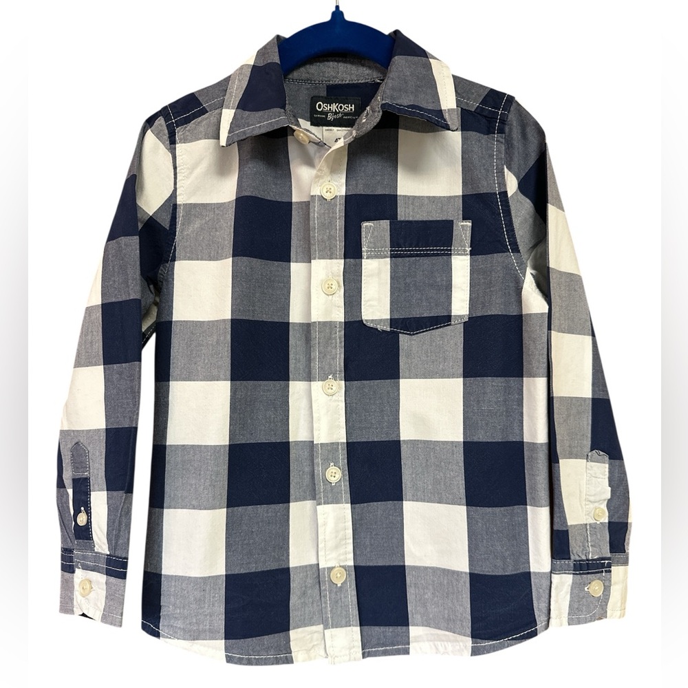 Oshkosh B’gosh Blue/ White Plaid Button-down Shirt Toddler Boy 4T Preowned